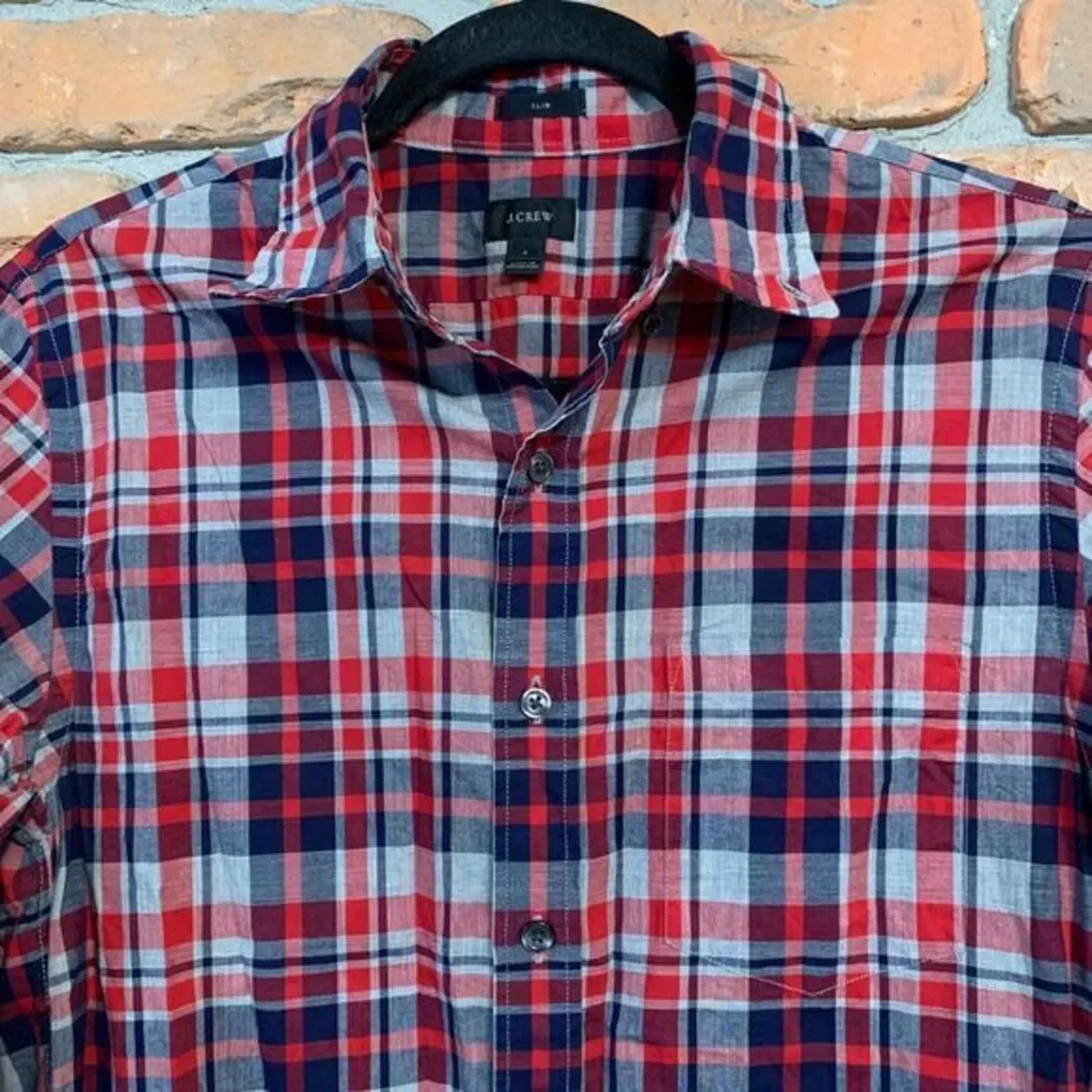 J.Crew Top Men's Size Small Red Navy Plaid Slim Fit Button Down‎ Cotton Shirt